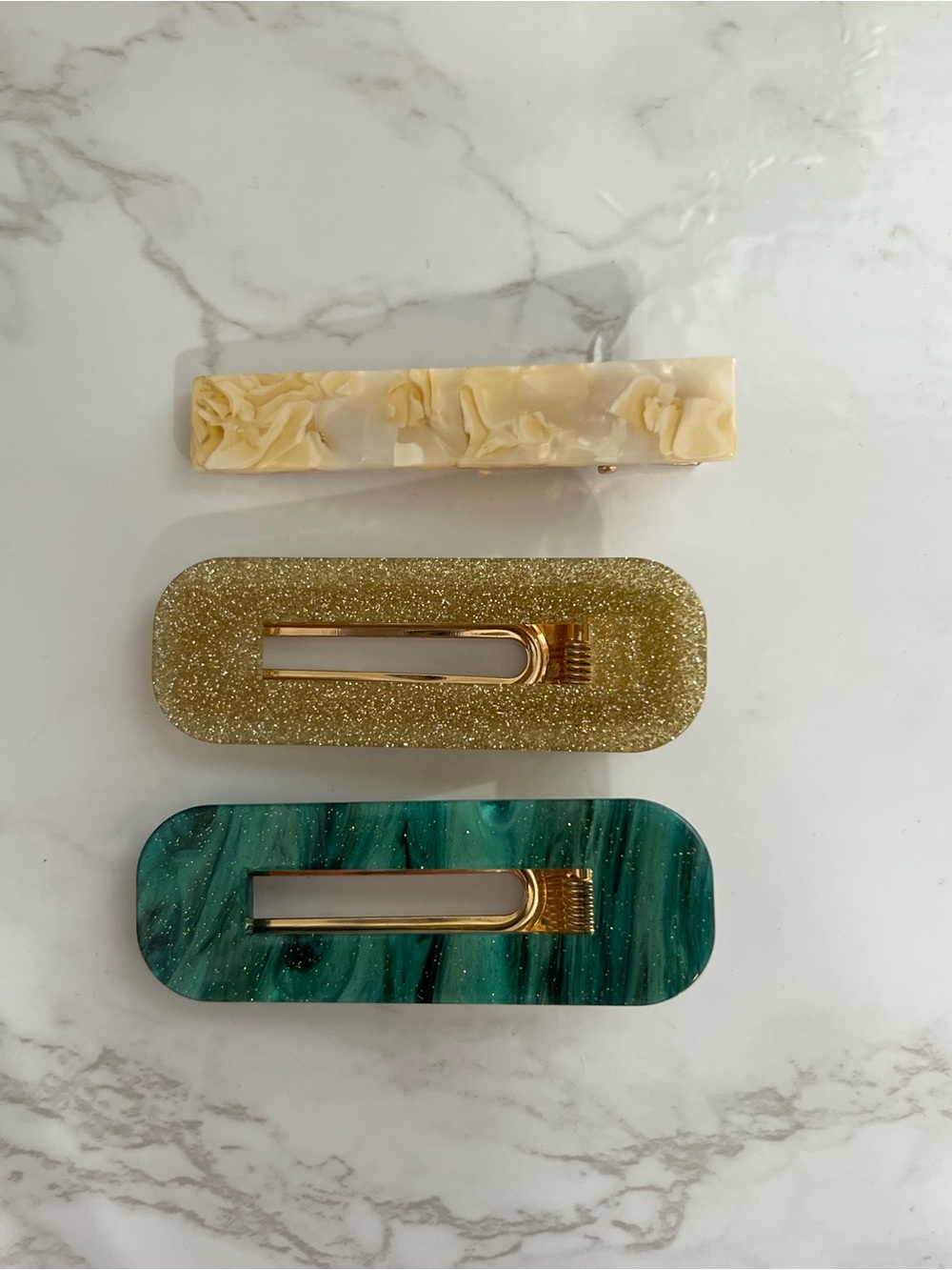 Set of 3 Resin Hair Clips - Cream, Gold Glitter, Teal Marble